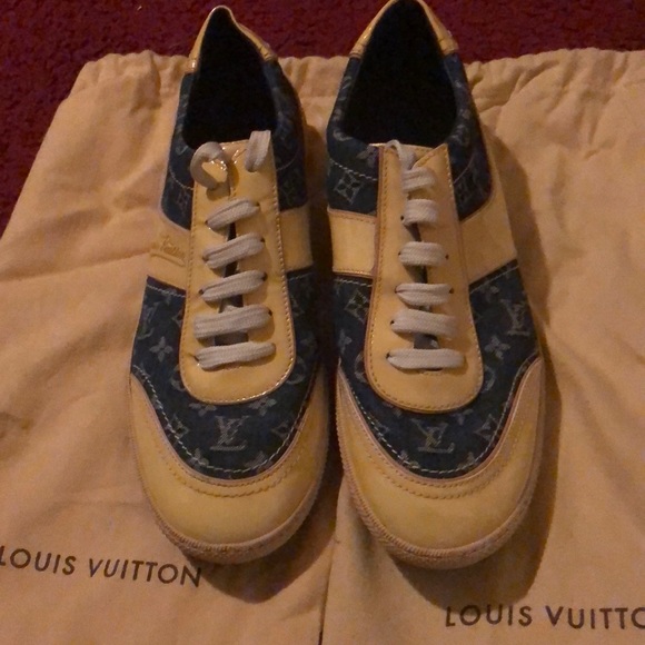 LOUIS VUITTON Blue Denim Monogram Leather Sneakers - Picture 2 of 4